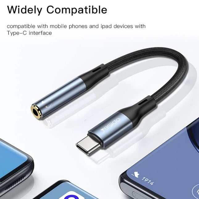 Yesido YAU38 Type C To 3.5mm Female Audio Adapter Aluminum Alloy Nylon Braided compact braided cable with aluminum alloy shell for Type-C phones