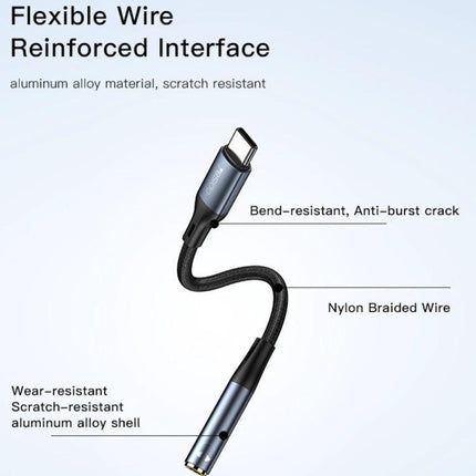 Yesido YAU38 Type C To 3.5mm Female Audio Adapter Aluminum Alloy Nylon Braided, nylon braided cable, aluminum alloy shell, flexible reinforced interface