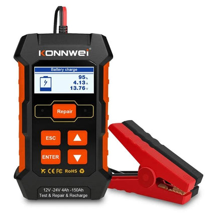 Konnwei Battery Tester for Everyday Vehicle Maintenance showing digital display, repair button and red battery clamp for quick car battery checks