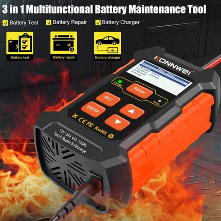Konnwei Battery Tester for Everyday Vehicle Maintenance - 3-in-1 handheld battery test, repair and charger unit for quick voltage checks and vehicle prep