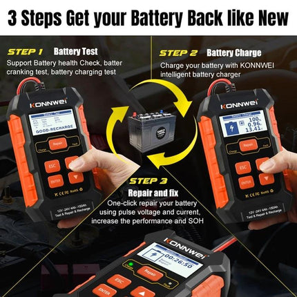 Konnwei Battery Tester for Everyday Vehicle Maintenance - handheld battery tester showing test, charge, and repair steps for car battery