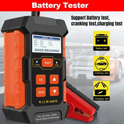 Konnwei Battery Tester for Everyday Vehicle Maintenance handheld battery diagnostic tool with clamps for voltage, cranking and charging tests