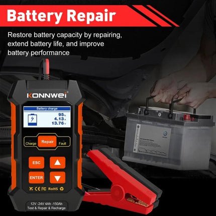 Konnwei Battery Tester for Everyday Vehicle Maintenance showing device with clamp attached to car battery and battery repair screen