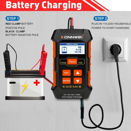 Konnwei Battery Tester for Everyday Vehicle Maintenance connected to car battery and wall outlet showing battery charge screen