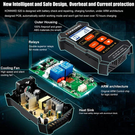 Konnwei Battery Tester for Everyday Vehicle Maintenance - handheld tester showing housing, circuit board, relays, cooling fan, heat sink and ARM architecture