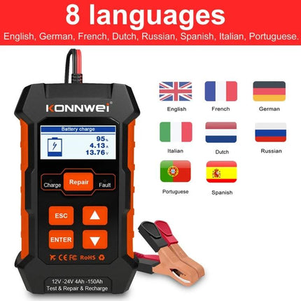Konnwei Battery Tester for Everyday Vehicle Maintenance - handheld battery charger and tester with clamps showing 8 language icons