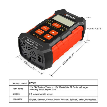 Konnwei Battery Tester for Everyday Vehicle Maintenance portable 12V/24V tester with LCD, pulse repair and charger for reliable car battery checks