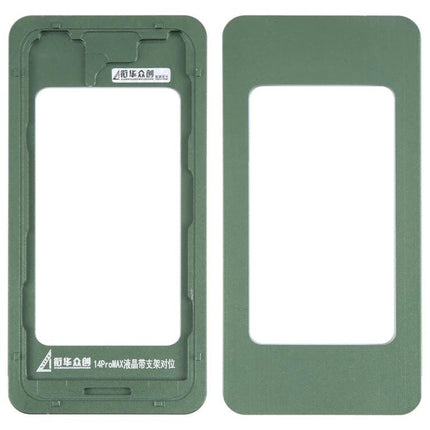 Replacement LCD Screen with Frame for iPhone 14 Series Repair showing green alignment frame and front assembly jig for easy DIY screen replacement
