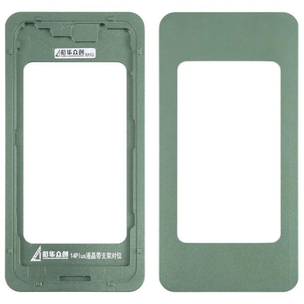 Replacement LCD Screen with Frame for iPhone 14 Series Repair - green alignment mold showing front and back frame for easy DIY screen replacement