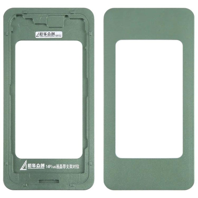 Replacement LCD Screen with Frame for iPhone 14 Series Repair - green alignment mold showing front and back frame for easy DIY screen replacement