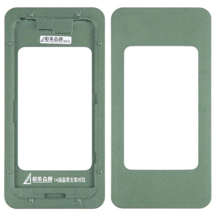 Replacement LCD Screen with Frame for iPhone 14 Series Repair shown as green alignment jig and bezel for technician installation