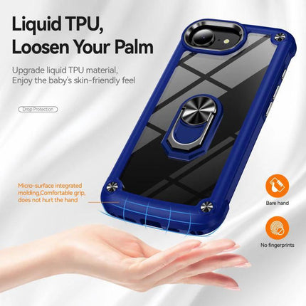Essential Phone Case With Ring Holder For Daily Use showing blue protective TPU case with built-in ring stand and clear back, secure grip for one-handed use