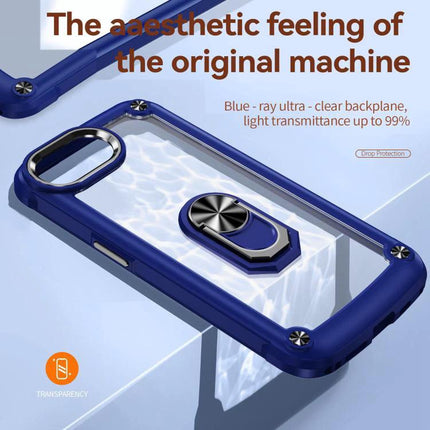 Essential Phone Case With Ring Holder For Daily Use - clear back, blue bumper, built-in ring stand for secure one-handed grip and hands-free viewing
