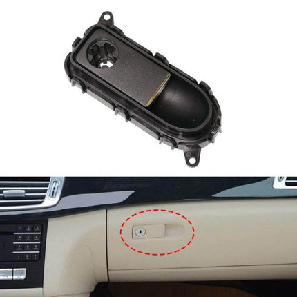 Glove Box Handle Switch For Mercedes-Benz CLS-Class replacement black plastic glove box handle switch shown installed on beige dash