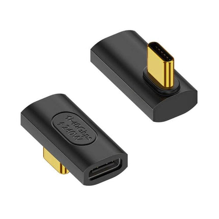 USB-C to USB-C Middle Bend Adapter for Device Connections and Charging black right-angle adapter with gold connectors for charging and 40Gbps data