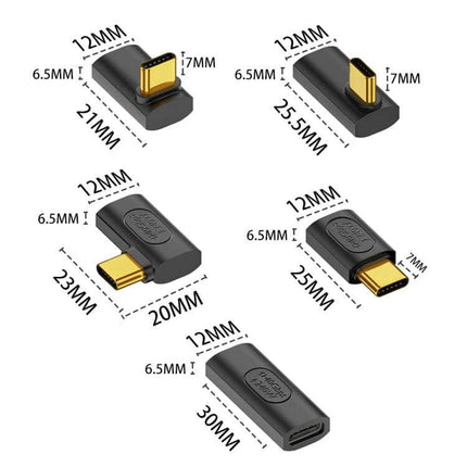 USB-C to USB-C Middle Bend Adapter for Device Connections and Charging compact black adapter with gold-plated connectors and dimensional measurements