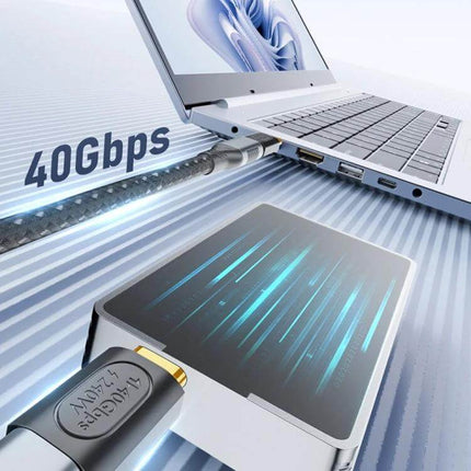 USB-C to USB-C Middle Bend Adapter for Device Connections and Charging plugged into laptop showing 40Gbps data transfer and charging