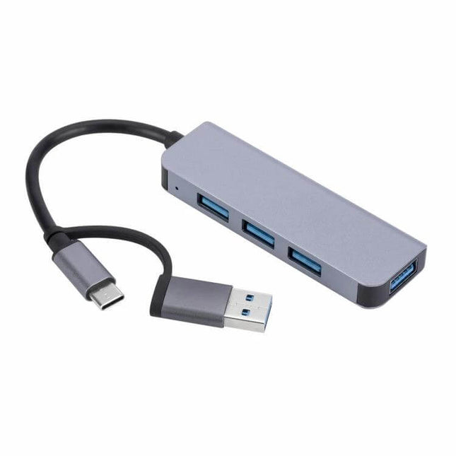 Portable 4-Port USB Hub for Multi-Device Connectivity and Charging - slim aluminum hub with 4 USB-A ports and USB-C/USB-A cables for laptops