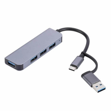 Portable 4-Port USB Hub for Multi-Device Connectivity and Charging, compact aluminum hub with USB-C and USB-A connectors and four USB ports for charging and data