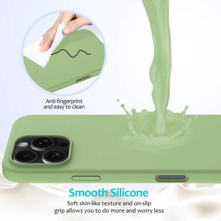 IPhone Silicone Case For Everyday Protection in green showing smooth silicone, anti-fingerprint surface, soft flannel lining and precise port access