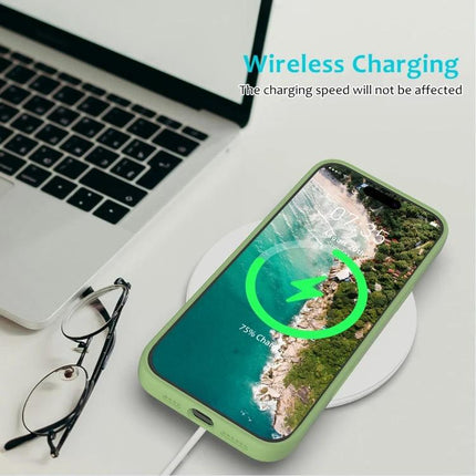 IPhone Silicone Case For Everyday Protection showing green case on wireless charger by laptop, soft flannel lining and low-bulk design