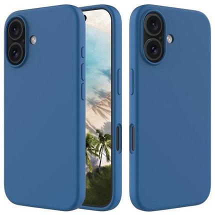 IPhone Silicone Case For Everyday Protection in matte blue showing front and back views with camera cutouts and soft flannel lining
