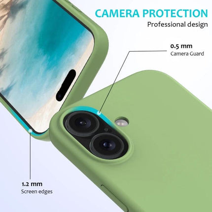 Silicone Phone Case for Everyday Mobile Device Protection in green showing raised camera guard and screen edge measurements