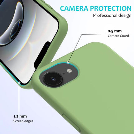Essential Silicone Case for Everyday iPhone Protection showing green case with raised 0.5mm camera guard and 1.2mm screen edges