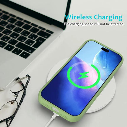 Silicone iPhone Case For Everyday Protection Keeps Your Phone Safe From Scratches And Dirt – green case on iPhone showing wireless charging on desk