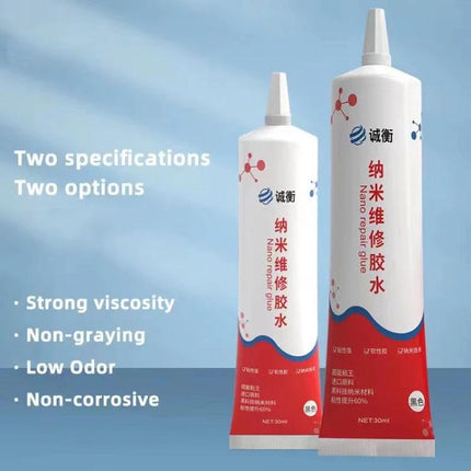 Nano Repair Glue: Versatile Adhesive for Home and Electronics Use - two tubes showing strong viscosity, non-graying, low odor, non-corrosive