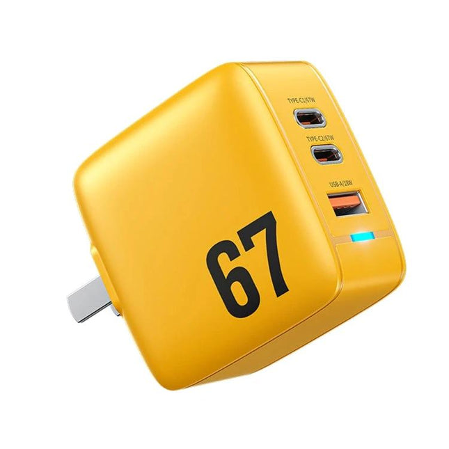 WK WP U141 67W GaN Charger With Dual Type C Ports And USB A CN US EU UK Plugs yellow 67W GaN charger with dual USB-C and USB-A ports