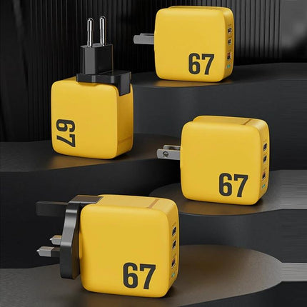 WK WP U141 67W GaN Charger With Dual Type C Ports And USB A CN US EU UK Plugs compact yellow cube charger with folding plugs and multi-port charging