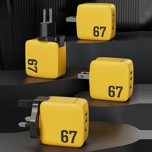 WK WP U141 67W GaN Charger With Dual Type C Ports And USB A CN US EU UK Plugs compact yellow cube charger with folding plugs and multi-port charging