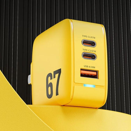 WK WP U141 67W GaN Charger With Dual Type C Ports And USB A CN US EU UK Plugs yellow 67W dual USB-C and USB-A folding plug charger