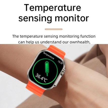 A Versatile Smart Watch for Daily Health and Activity Tracking showing temperature sensing monitor 36.4°C on orange strap wrist