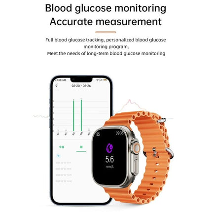 A Versatile Smart Watch for Daily Health and Activity Tracking - orange sport band showing blood glucose and heart rate monitoring on phone and watch