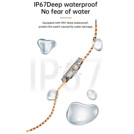 A Versatile Smart Watch for Daily Health and Activity Tracking showing IP67 waterproof watch with water droplets