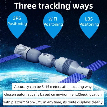 Durable Solar Powered Waterproof GPS Tracker for Livestock Monitoring showing satellite, GPS/WIFI/LBS positioning and accuracy info