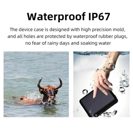 Durable Solar Powered Waterproof GPS Tracker for Livestock Monitoring showing IP67 waterproof test with cow swimming and hand splashing the solar-powered tracker