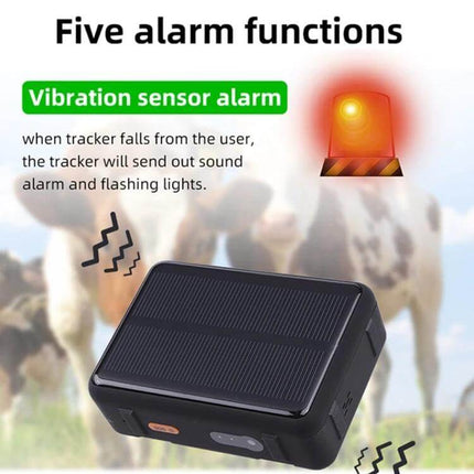 Durable Solar Powered Waterproof GPS Tracker for Livestock Monitoring showing solar panel tracker with vibration sensor alarm and cows in background