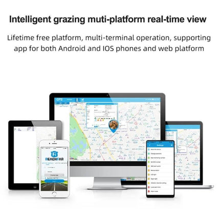 Durable Solar Powered Waterproof GPS Tracker for Livestock Monitoring shown on multi-device real-time grazing map app