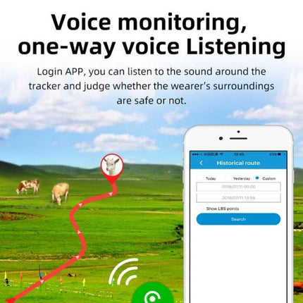 Durable Solar Powered Waterproof GPS Tracker for Livestock Monitoring shown tracking cattle with historical route and one-way voice listening app