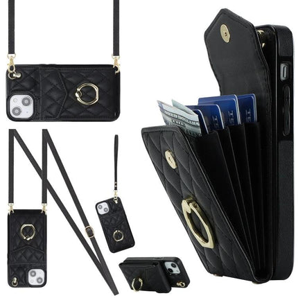 Phone Case With Lanyard For Everyday Outings - slim black PU leather wallet phone case with lanyard, card slots and gold ring accents