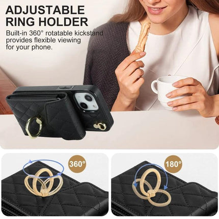 Phone Case With Lanyard For Everyday Outings - black PU leather wallet case with adjustable ring holder and lanyard, hands-free neck or wrist carry