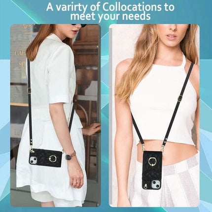 Phone Case With Lanyard For Everyday Outings - slim PU leather wallet phone case with adjustable crossbody lanyard shown on models, black