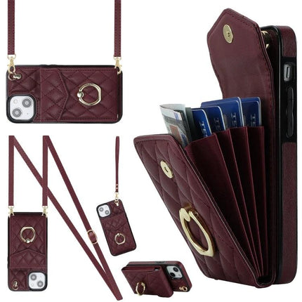 Phone Case With Lanyard For Everyday Outings slim PU leather wallet case with detachable lanyard and card slots, burgundy