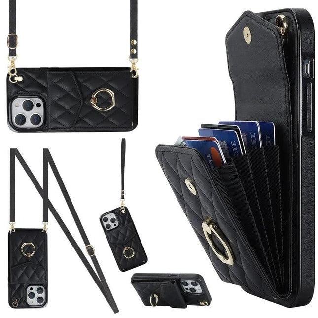 Phone Case With Lanyard Built In Wallet For Daily Essentials - black quilted PU leather card holder with adjustable strap and RFID protection