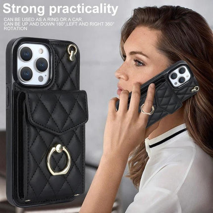 Phone Case With Lanyard Built In Wallet For Daily Essentials showing quilted black PU leather case with built-in card pocket, ring, and woman holding phone