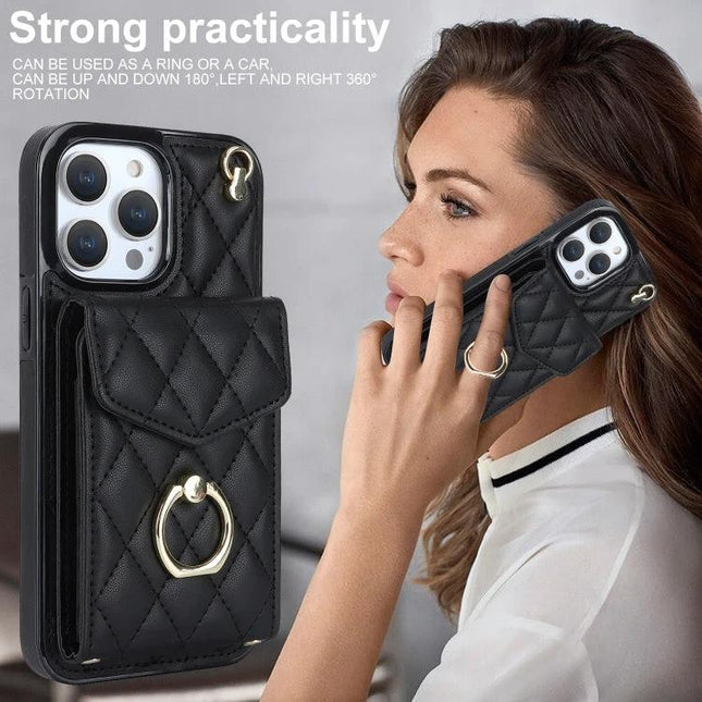 Phone Case With Lanyard Built In Wallet For Daily Essentials showing quilted black PU leather case with built-in card pocket, ring, and woman holding phone