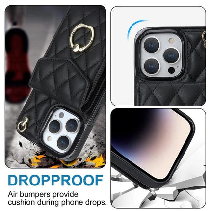 Phone Case With Lanyard Built In Wallet For Daily Essentials black quilted dropproof PU leather with RFID card holder and adjustable lanyard